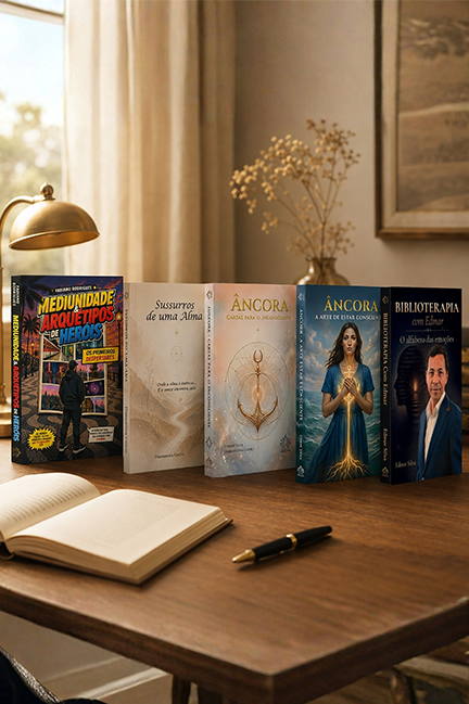 Mesa de escrita com manuscrito e livros